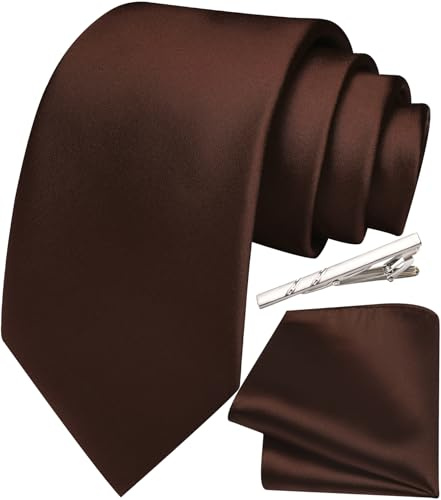 Ailisus Brown Tie and Pocket Square Set Satin Silk Necktie & Handkerchief for Men Wedding Business Formal Classic