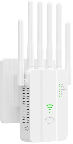 Repetidor WiFi Potente, Amplificador Señal WiFi, WiFi Extender con 6 Antenas, 2 Puertos LAN, Modos (Repetidor, Router, Ap), Cobertura hasta 3000 pies², para Casa y Oficina, Instalación Fácil