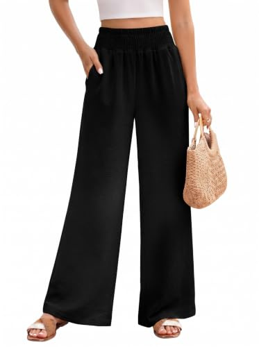HEEKPEK Pantaloni Donna Estivi Leggeri Pantaloni Comodi Larghi Casual Elastico Vita Alta Solido Sciolto Lunghi Palazzo Pantaloni Gamba Dritta Casual Spiaggia Jogging con Tasche (Nero, M)