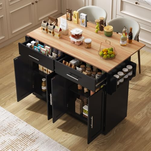 kozamas Carro de servicio con mesa plegable y patas intercambiables, color negro, 2 puertas y 2 cajones, 120 x 46 (70) x 91,5 cm, ruedas y patas de madera, para cocina y comedor