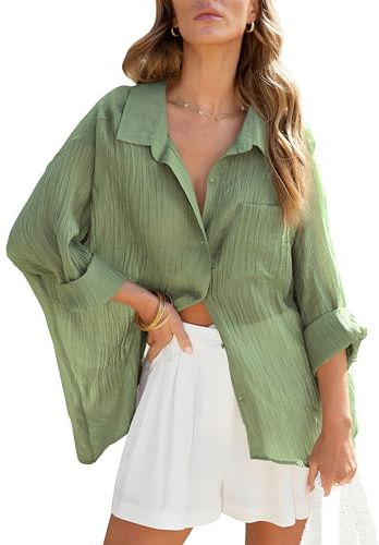 Homlan Blusa de mujer de manga larga, elegante, cuello en V, camisas informales, camisa de lino, holgada, con bolsillos en el pecho
