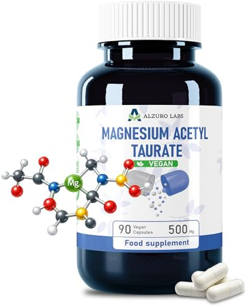 Alzuro Labs Magnesio Acetil Taurato | 1.000 mg per dose | Magnesio con Taurina | Sistema Nervoso, Energia & Funzione Muscolare | 90 Capsule Vegane | Prodotto nell'UE & Testato in Laboratorio