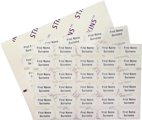 90x Personalised Garment Stickers, STIKINS® Label Planet®, Children’s School Uniform/Clothes/Clothing Labels For Kids/Children, New Stick In Name Labelling NO NEED TO IRON ON/SEW, Adhesive White Vinyl For School Wear, Message Name To Be Printed