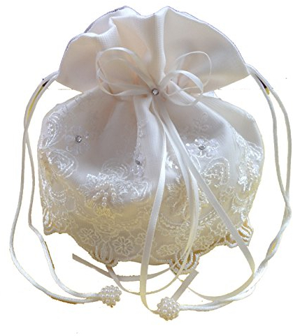 LadyMYP© Brauthandtasche, Brautbeutel mit Strasssteinen und Perlen auf Spitze, Hochzeit Kommunion (ivory(Elfanbern))