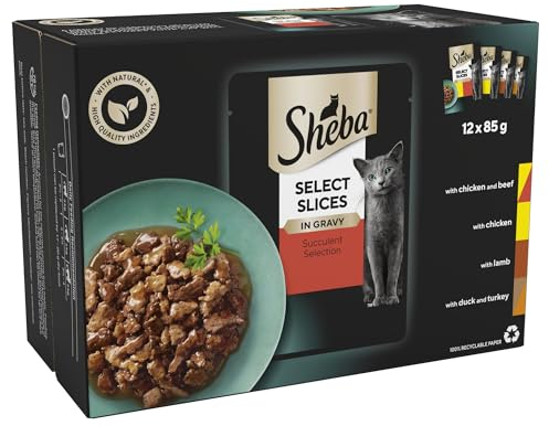 Sheba Select Slices in Gravy 48 Pouches, Adult Wet Cat Food, Succulent Selection, Pack of 4 (12 x 85 g)