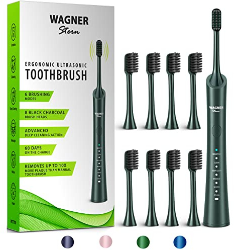 Wagner Stern ultrasonic whitening Electric Toothbrush with 8 Charcoal Black Brush Heads. for Fresh Breath & Healthy Smile. (Green)