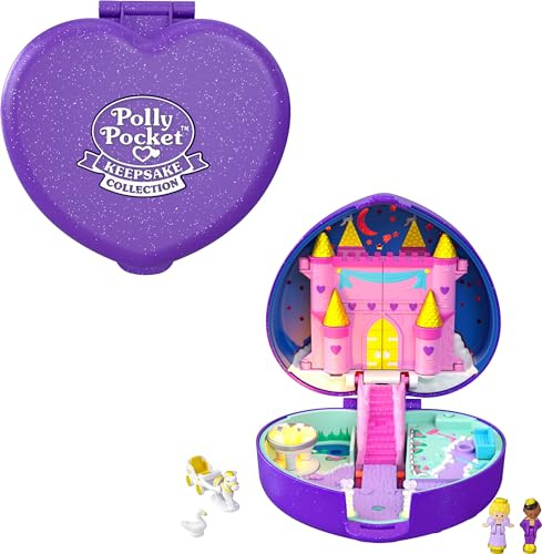 Polly Pocket Keepsake Collection Starlight Castle Compact, Enchanted Castle Theme, Special Box, Polly & Prince dolls, Carriage, Swan & Unicorn Figures, Collectible Gift for Polly Fans, HFJ64