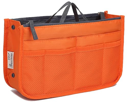 YUEMING Handbag Organiser, Ladies Travel Insert Organiser Tidy Bag Purse Pouch Zipper Closure Tote 13 Pocket Organiser Diaper Bag Cosmetic Travel Bag Liner Pouch with Handle,Orange