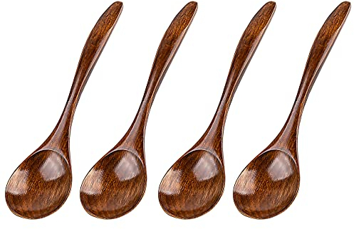 INHEMING Holzlöffel Suppenlöffel Esslöffel,4 Stück im Japanischen Stil Naturholzlöffel,Holzsuppenlöffel zum Kochen und Umrühren,Spülmaschinenfest,Küchenzubehör - 17.5 cm