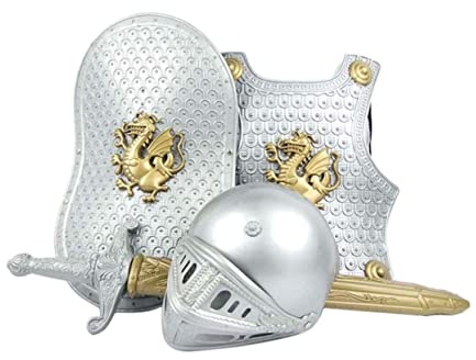 Toyvian Ensemble D'armure Médiévale pour Garçon et Filles en Plastique Argenté Casque, Épée et Bouclier, pour Déguisement Halloween