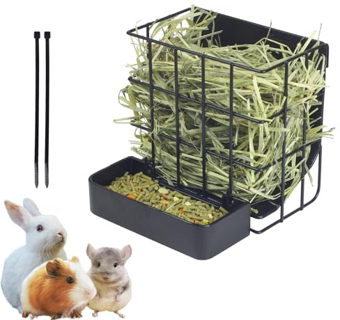Rabbit Hay Feeder Guinea Pig Hay Feeder, Hay and Food Holder with Hook Heavy-Duty Metal Frame Hay Rack,for Bunny, Guinea Pigs,Chinchillas, Comes with Two Multifunctional Zippers-6.8x6.7x6.6inch