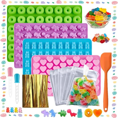 Zeaying 4 stycken gummibjörnar silikonformar, mini-björn-silikonform, bakformar för sötsaker, silikonbakform, chokladform, non-stick silikonformar för inklusive gummibjörnar, hjärta, dinosaurieform