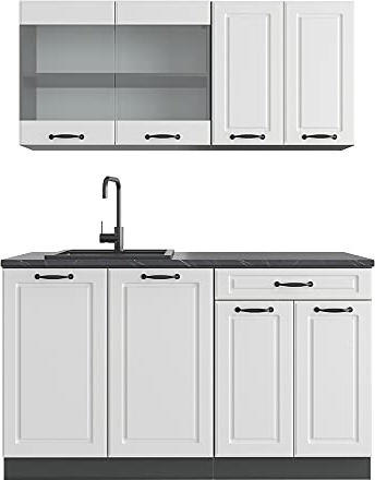 Vicco Singleküche R-Line, Weiß Landhaus, 140 cm, AP Anthrazit, zur flexiblen Erweiterung mit weiteren Modulen geeignet
