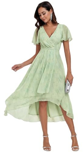 Ever-Pretty Robe D'Invité Jupe Trapèze Col en V Manches Volantées Robe Femme Chic Et Elegant Belle Robe Soirée Vert Clair Rose 40