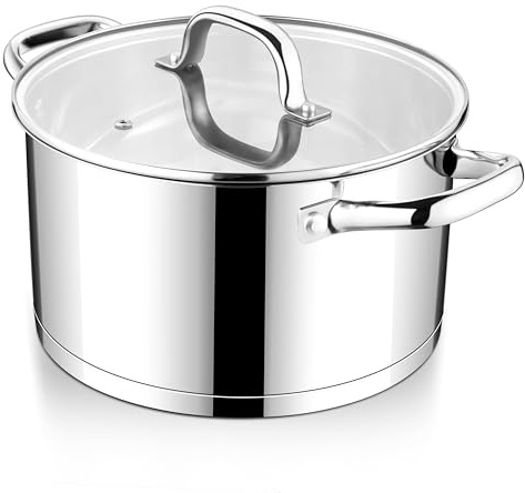 E-far Stainless Steel Stock Pot, 8 Quart Tri-ply Base Cooking Pot with Glass Lid, Induction Soup Pot Compatible with All Stoves, Nontoxic & Thick Bottom, Oven & Dishwasher Safe