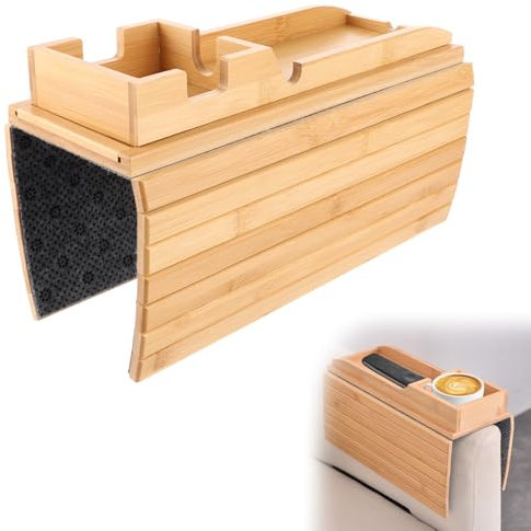 APACALI 1 Stück Couch Tablett Armlehne, Armlehnen Tablett, Sofatablett Bambus, Rutschfestes Couch Tablett, Faltbarer Sofa Armlehne Ablage für Snacks Fernbedienung Handy Getränke Tasse