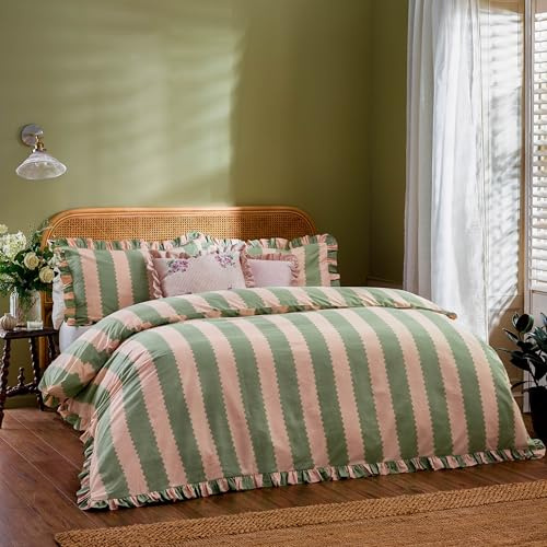 Wylder Birdie Stripe Juego De Funda Nórdica – Reversible con Volantes Algodón Rico A Rayas Ropa De Cama (Rosa/Verde - 200x200cm)