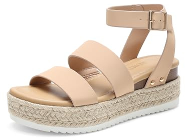 DREAM PAIRS Womens Open Toe Espadrilles Dressy Platform Sandals Slip on Elastic Ankle Strap Wedges Sandals,Size 6,Nude-Nubuck,SDPW2401W