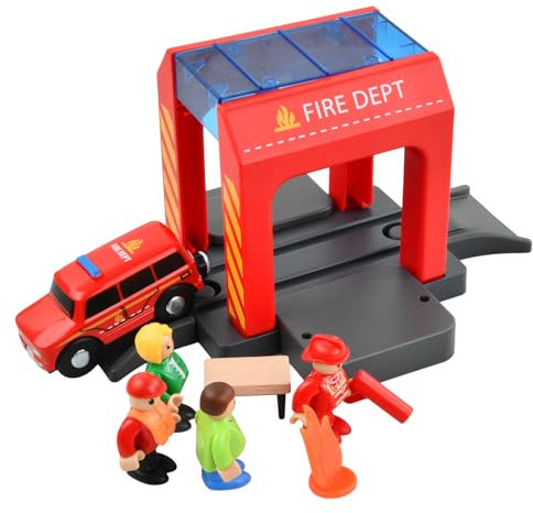 Dokeno Feuerwehrstation, Feuerwehr-Löschzug, Feuerwache mit Feuerwehr-Einsatzfahrzeug und Feuerwehrmann, Spielzeug Feuerwehr, Feuerwehr Zubehör für Kleinkind ab 3 Jahren, für Holzeisenbahnschienen