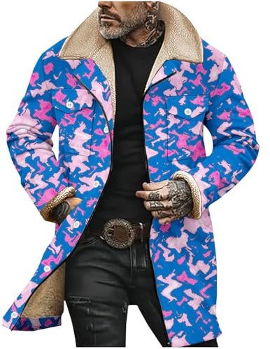Generisch Men's Spring and Autumn Winter 3D Printing Casual Loose Large Size Long Plus Velvet Warm Button Hidden Zipper Camouflage Coat Cotton Jacket Fahrrad Mantel 26 (Pink, XXXXL)