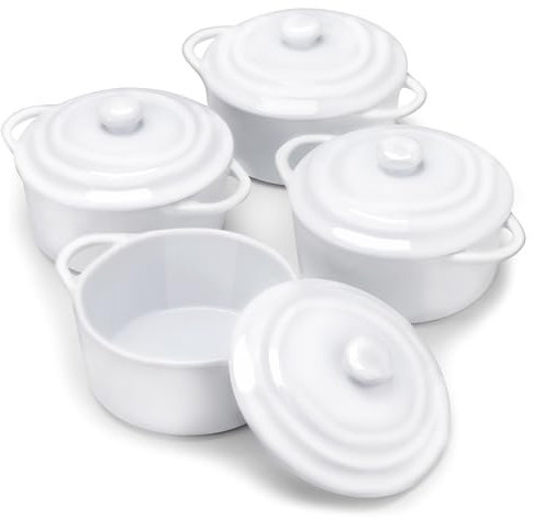 Kook Ceramic Mini Cocotte Set, Small Casserole Dishes with Lids and Handles, Individual Baking Ramekins, Oven, Microwave & Dishwasher Safe, Stoneware, 12 oz, Set of 4, Swiss White
