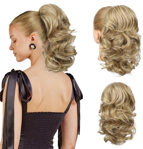 Flufymooz Ponytail Extension, 14 Inch Short Drawstring Ponytail Hair Extension for Women, Soft Synthetic Pony Tails Hairpiece for Women Medium Blonde with Highlights