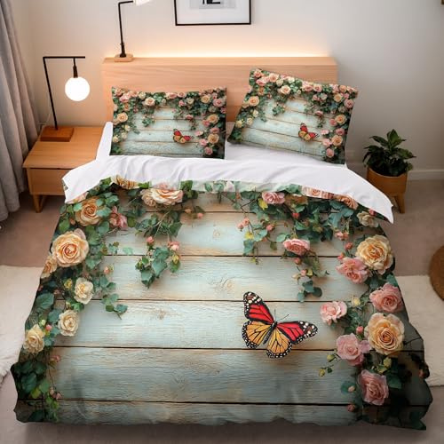Generisch Bettbezug 135x200 Kinder Bettwäsche Rosen Schmetterlinge 3D Muster Flauschig Mikrofaser Artikel Holz Natur Warm Weiche Bettbezüge mit ReißVerschluss Und EckbäNdern + 2 Kissenbezug 80x80 cm