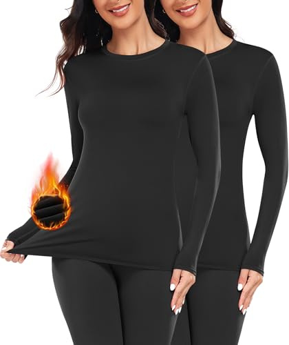 YADIFEN Thermal Tops Womens Long Sleeve Shirt Base Layer Women Soft Breathable Warm Wicking Crew Neck Thermal Underwear Womens Winter for Skiing (2 Pack Black,XL)