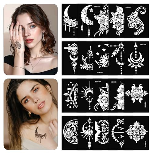 Lot de 20 feuilles de tatouages temporaires réutilisables - Pour femmes, filles, adolescents, corps, art