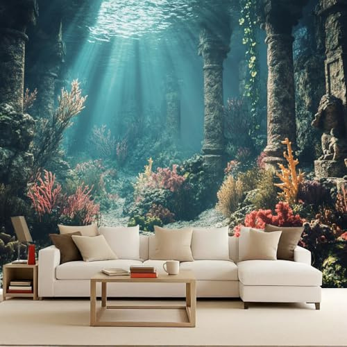 Papel Pintado Mar Paisaje Corales Peces 350x256 cm Efectos 3D Papel Tapiz Fotográfico Tejido No Tejido Mate Póster Fotomurales Decoración Pared Para Dormitorio Salón Decorativos Murales