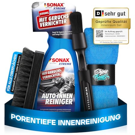SONAX XTREME (500ml) Innenraumreiniger Auto + Bürste + chemicalworkz Pinsel + Shiny Freaks Mikrofasertuch - Auto Innenraum Reiniger, Kunststoff, Polster, Leder, Cockpitpflege, Auto Reinigungsset