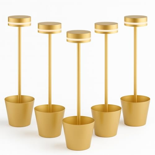 LEOLUX Alabama Lampade da Tavolo Senza Fili LED – Set 5 Lampade Atmosfera per Ristoranti, Bar e Terrazze – Luce Calda Design Moderno – Ideali per Eventi, Tavoli e Ambienti Eleganti. Oro