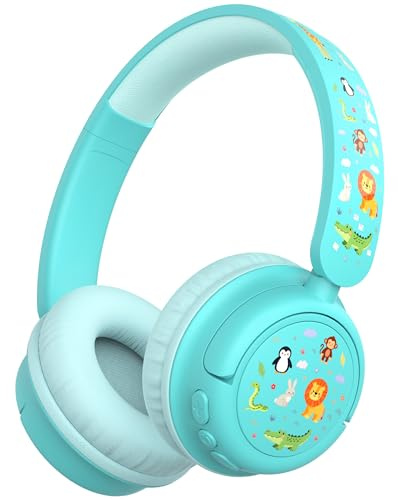 iClever BTH22 Bluetooth-hörlurar barn 60H speltid resor surfplatta PC | SafeSound Tech3.0, stereoljud, USB C-laddningsport, AUX-kabel, bekväma hörlurar barn småbarn för surfplatta PC