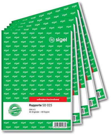 SIGEL SD025/5 Rapport A5, 2x40 Blatt, selbstdurchschreibend, 5er Pack, mikroperforiert, mit Abheftlochung, aus nachhaltigem Papier
