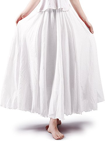 Aeslech Women's Bohemian Elastic Waist A Line Flowy Maxi Long Skirts White 105cm - L