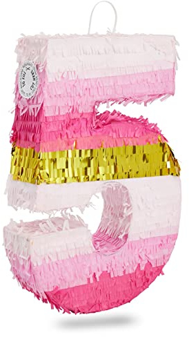 Number 5 Pinata, Pink and Gold Foil for Girls 5th Birthday Party Decorations (Small, 16.5 x 11.6 x 3 In)