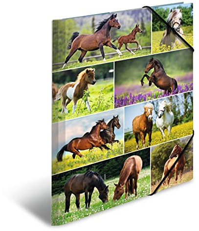 HERMA Sammelmappen A3 Pferde Set, 3 Stück, Kinder Eckspanner-Mappen aus Pappe mit Tier Motiv, Gummizug, Innenklappen und Innendruck für Jungen und Mädchen