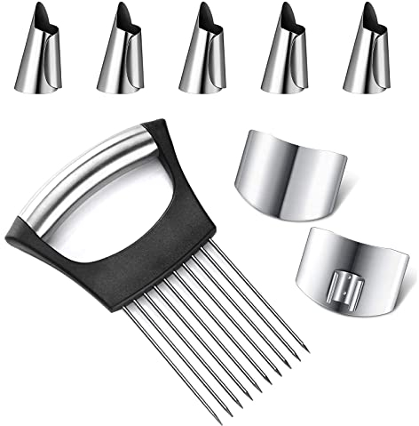 Support pour Oignons avec 5 Protège-doigts de Cuisine, 2 Protège-Doigts en Acier Inoxydable, Protection des Doigts Contre le Hachage, Ustensile de Cuisine pour Gadget Attendrisseur de Viande