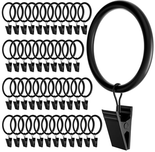 Homyplaza 44 Pack Black Curtain Rings with Clips, Curtain Hooks for Hanging, Heavy Duty Drapery Rings, Polish Rustproof Curtain Clips Hangers for Drapes, 2 Interior Diameter, Fits up to 1.88 Rods