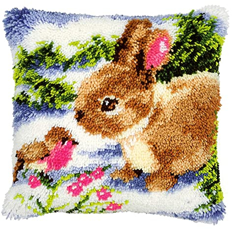 VIONNPPT Ostern Hase Serie Knüpfkissen Formteppich Latch Hook Kit DIY Knüpfkissen Kreuzstich,Stickerei Knüpfpackung Knüpfset Haken Kit für Kinder Erwachsene,Anfänger, 40cmx40cm (Wald)