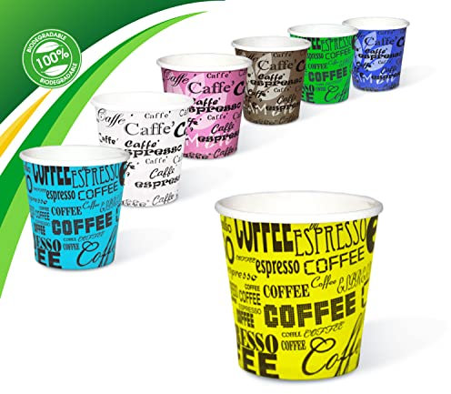 Gobelets café-75 ml-100 Pz- papier biodégradables-jetables- Petits plats à emporter Boissons chaudes-Résistantes à haute température - rose, jaune, vert et bleu