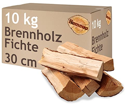 Brennholz Fichte Kaminholz 5-500 kg Holz 30 cm Für Ofen und Kamin Kaminofen Feuerschale Grill Feuerholz Holzscheite Wood Kammergetrocknet Flameup, Menge:10 kg