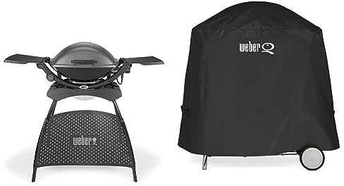Weber Q2400 Elektrogrill, 55 x 39 cm, mit Standfuss & ausklappbaren Seitentischen, Dunkelgrau (55020879) & 7120 Abdeckhaube Premium, schwarz, 88,9 x 67,3 x 43,2 cm
