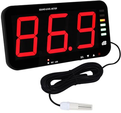 Decibel Meter Sound Level Meter with Data Logging, 13 Large LCD Display Wall Mounted Noise Meter for Classroom w/ 16.4ft Corded Sensor & Alarm Output for Studio Decibel Noise Measuring and Recording