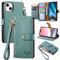 VEEMOS Zipper Wallet Case for Apple iPhone 13 Phone Case with Purse Card Holders RFID Blocking Leather Flip Case Book Cover Wrist Strap Women - Green
