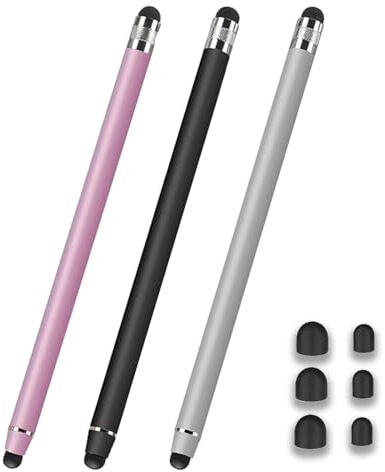 Jinpojun 3 Pezzi Penna per Tablet, 2 in 1 Penna Stilo per Touch Screen con 6 Punte di Ricambio, Pennino Capacitivo per iPad, iPhone, Smartphone, Touchscreen e Tablet