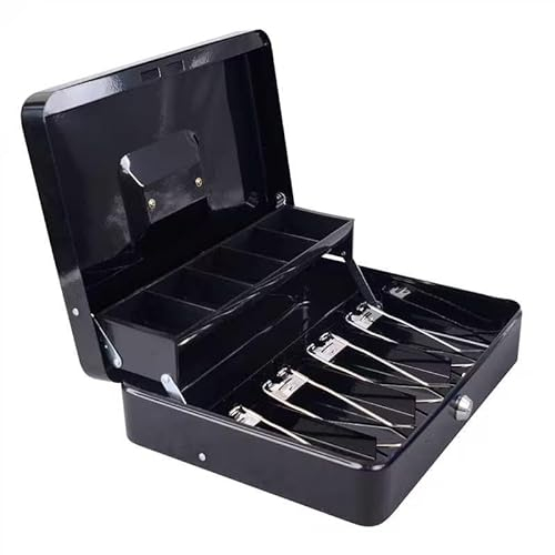 igadgitz home U7263 Metal Cash Box with Keys, Cantilever Coin Tray and Spring-loaded clips, Petty Cash Tin, Money Tin - Black