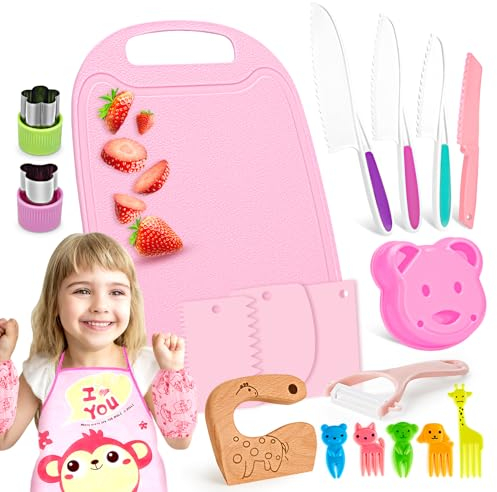 FANTICDE - Kindermesser 26 Teiliges,Kinderkochset Echtes Kinder Kochmesser mit Kinder Sicherheit Küchenmesser Set, Cream spatula,Montessori Messer,Sparschäler Kinder, Schneidebrett