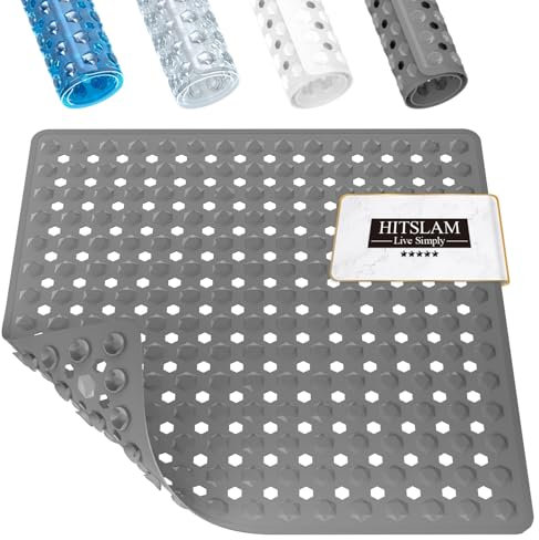 HITSLAM Duschmatte rutschfest, Antirutschmatte für die Dusche 53x53cm, Badewannenmatte mit Saugnäpfen-100% BPA-frei, Quadrat Rutschmatte Dusche schimmelresistent & maschinenwaschbar, Grau