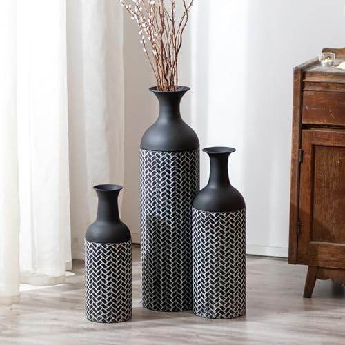 Sziqiqi Bodenvase Groß Schwarze Vintage: 68/51/41cm Hohe Metall Bodenvasen Set of 3 - Vase Große für Pampasgras - Extra Große Bodenvase für Wohnzimmer Kamin Flur Ecke Büro